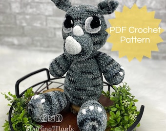 PDF Rhino Crochet Pattern. "Roland" the Rhinoceros Amigurumi Softie. Safari Stuffed Animal Plush Pattern from Cuddle Buddy Collection