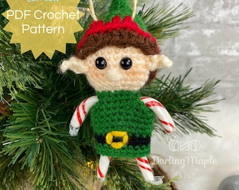 PDF Elf Crochet Pattern. Low-Sew Helper Elf Candy Cane Ornament. Cute Mini Christmas Decoration. Hanging Amigurumi Stuffy Softie Plush