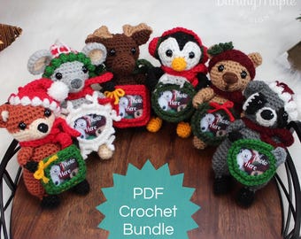 PDF Winter Photo Frame Christmas BUNDLE. Holiday Picture Crochet Pattern ebook. 6 Amigurumi Patterns Collection Moose Mouse Fox  Penguin