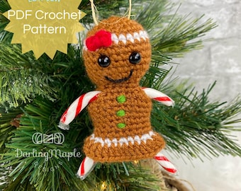 PDF Gingerbread Girl Crochet Pattern. Low-Sew Gingerbread Candy Cane Ornament. Cute Mini Christmas Decoration. Hanging Amigurumi Stuffy