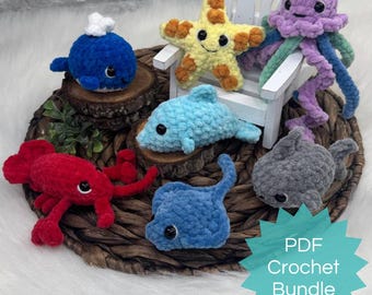 PDF Mini No-Sew Sea Creature BUNDLE Crochet Patterns set. 7 Animal Amigurumi: Jellyfish, Starfish, Whale, Dolphin, Lobster, Shark, Stingray