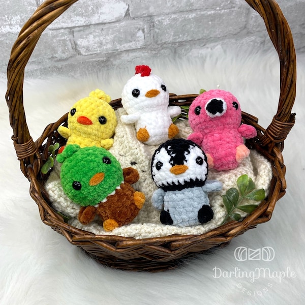 Crochet Pattern - 5 in 1 No Sew Jelly Bean Birds Crochet Pattern - Baby Chick, Chicken, Mallard Duck, Flamingo, Penguin - Plush Pattern