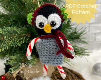 PDF Penguin Crochet Pattern. Low-Sew Penguin Candy Cane Ornament. Cute Mini Christmas Decoration. Winter Hanging Amigurumi Stuffy Softie
