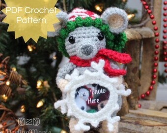 PDF Mouse Crochet Pattern. Mouse Photo Frame Ornament. Cute Picture Frame Christmas Decoration. Mice Amigurumi Stuffy Softie