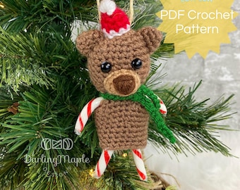PDF Bear Crochet Pattern. Low-Sew Teddy Bear Candy Cane Ornament. Cute Mini Christmas Decoration. Hanging Amigurumi Woodland Plushie Stuffy