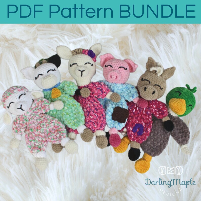 May include: A set of six crochet amigurumi patterns for making stuffed animals. The patterns include a llama, pig, donkey, duck, and two lambs. The patterns are available as a PDF download.