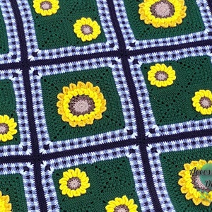 Modern Sunflower Plaid Blanket Crochet Pattern/ Throw / Textured / Colourwork / Flowers / Squares / Summer image 7