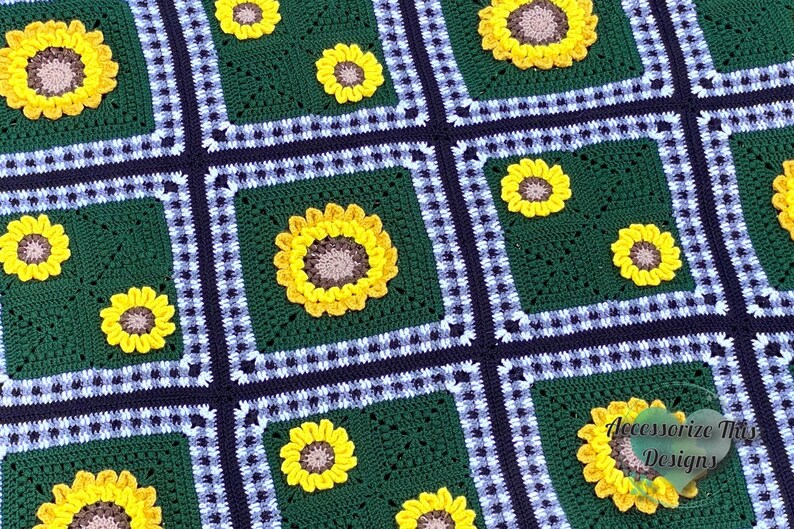 Modern Sunflower Plaid Blanket Crochet Pattern/ Throw / Textured / Colourwork / Flowers / Squares / Summer image 7