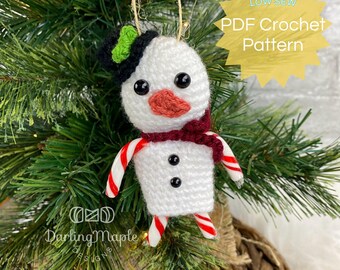 PDF Snowman Crochet Pattern. Low-Sew Snowman Candy Cane Ornament. Cute Mini Christmas Decoration. Winter Hanging Amigurumi Stuffy Softie