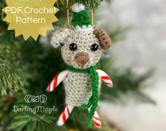 PDF Puppy Dog Crochet Pattern. Low-Sew Pet Dog Candy Cane Ornament. Cute Mini Christmas Decoration. Stuffed Animal Hanging Amigurumi