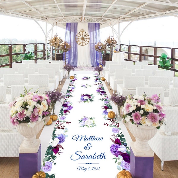 Corredor de pasillo de flores púrpura, corredor de pasillo personalizado, decoración de boda, decoración de lavanda, señalización de boda, ceremonia de boda, rosas púrpuras
