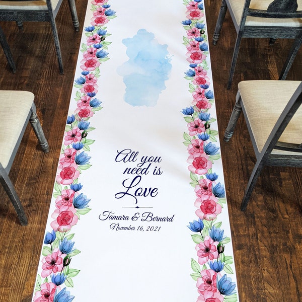 Pink and Blue Watercolor Custom Wedding Aisle Runner, Pink Wedding Decor,  Beautiful Wedding Ceremony,  Pink and Blue Watercolor