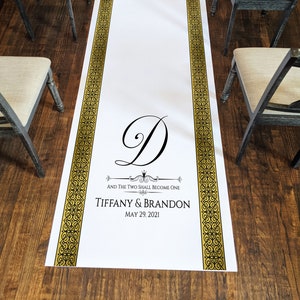 Black & Gold Custom Wedding Aisle Runner: Elegant Monogram Ceremony