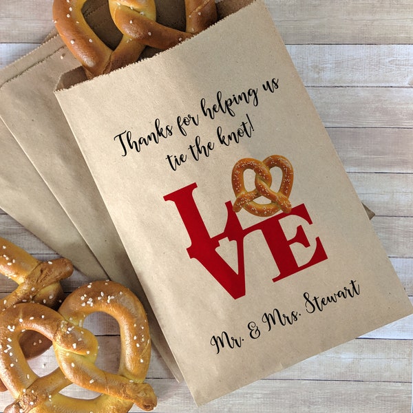 Love Sign Wedding Favor Bags, Tie the Knot Bags, Pretzel Bar, Love Sculpture Ideas, Wedding Treat Bags, Bags for Pretzels, Love Statue