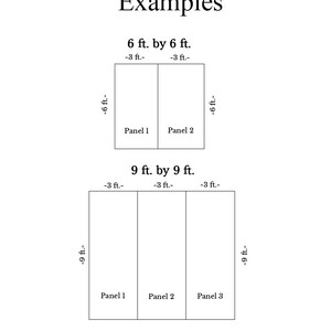 May include: Diagram showing how to install dance floor decals. The diagram shows two examples of how to install decals for a 6 ft by 6 ft dance floor and a 9 ft by 9 ft dance floor. Each panel is 3 or 5 feet wide and the panels will overlap slightly.