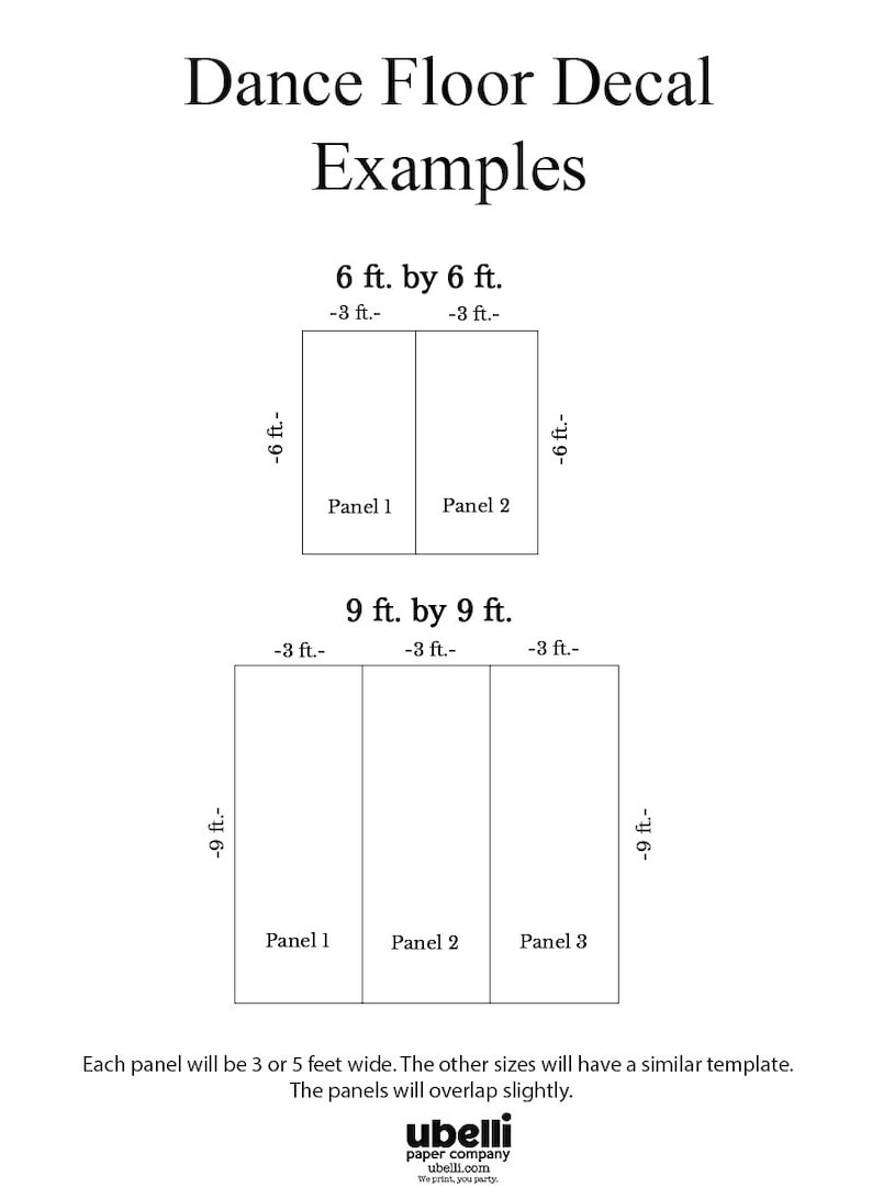 May include: Diagram showing how to install dance floor decals. The diagram shows two examples of how to install decals for a 6 ft by 6 ft dance floor and a 9 ft by 9 ft dance floor. Each panel is 3 or 5 feet wide and the panels will overlap slightly.