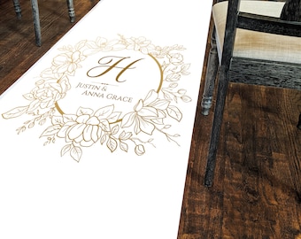 Custom Gold Monogram Wedding Aisle Runner,  Gold Wedding Decor, Elegant Wedding, Formal Wedding, Wedding Ceremony,  Gold Floral Badge