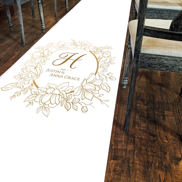 Custom Gold Monogram Wedding Aisle Runner,  Gold Wedding Decor, Elegant Wedding, Formal Wedding, Wedding Ceremony,  Gold Floral Badge