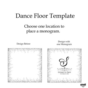 May include: A black and white dance floor template with a silver glitter border. The template shows two designs, one with a monogram and the other without. The text "AND THE TWO SHALL BECOME ONE" is included in the design with the monogram. The text "SYDNEY & TREY" and "OCTOBER 16, 2021" are also included in the design with the monogram.
