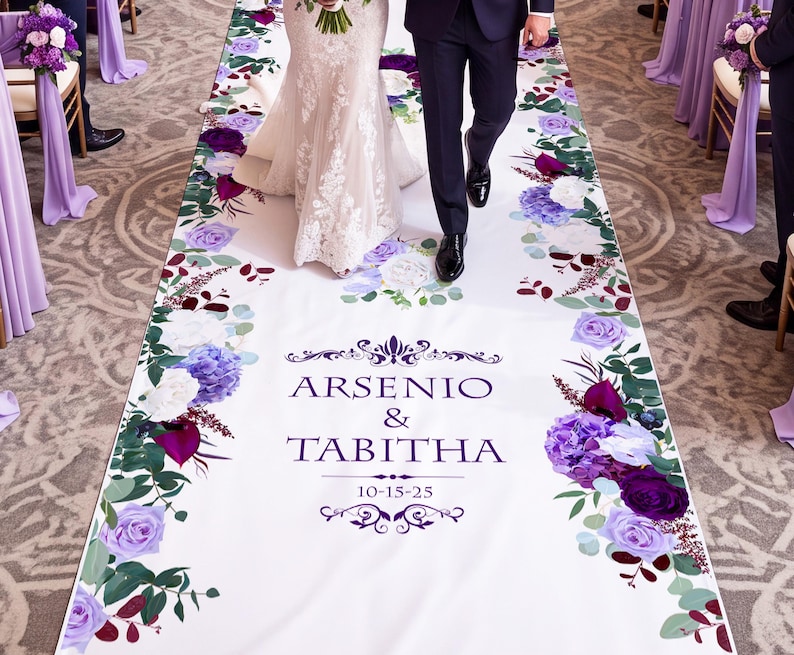 Purple-themed wedding ceremony supplies - custom purple floral wedding aisle runner