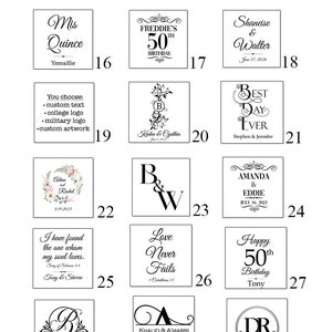 May include: A grid of 30 different monogram designs for personalized gifts. Each design features a unique combination of letters, fonts, and decorative elements. The designs include names, dates, and special messages.