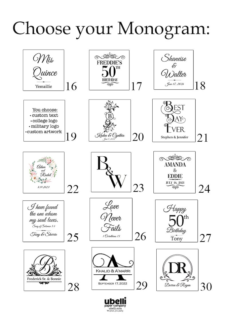 May include: A grid of 30 different monogram designs for personalized gifts. Each design features a unique combination of letters, fonts, and decorative elements. The designs include names, dates, and special messages.