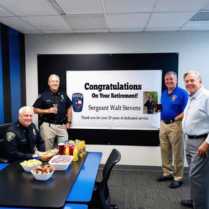 以下が含まれることがあります： Congratulations On Your Retirement! Sergeant Walt Stevens. Thank you for your 20 years of dedicated service. と書かれた大きな白いバナーの近くに4人が立ったり座ったりしています。バナーには警察のバッジのロゴと小さな写真が印刷されています。