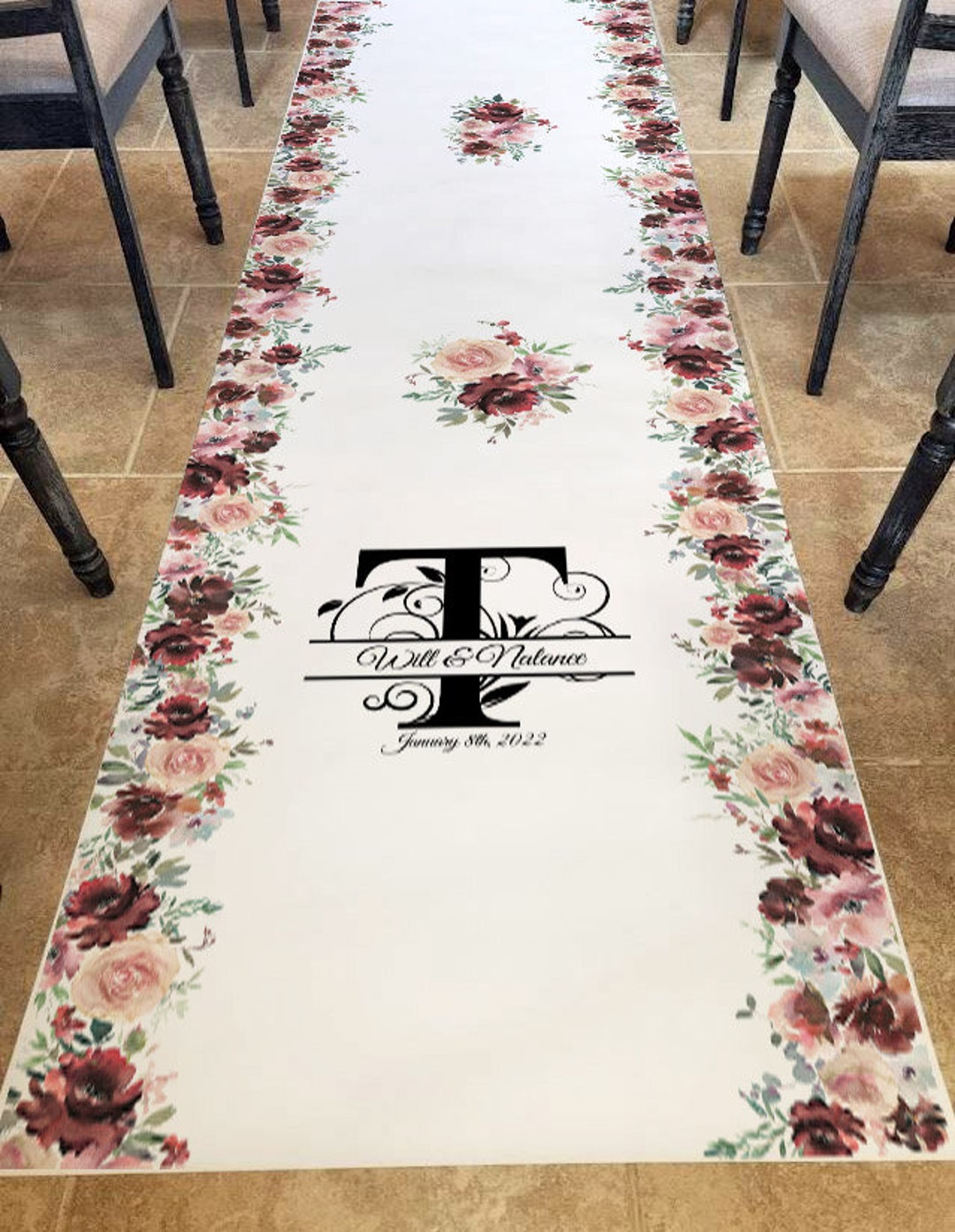 Burgundy and Rose Wedding Aisle Runner, Custom Aisle Runner, Aisle Runner Decorations, Monogram