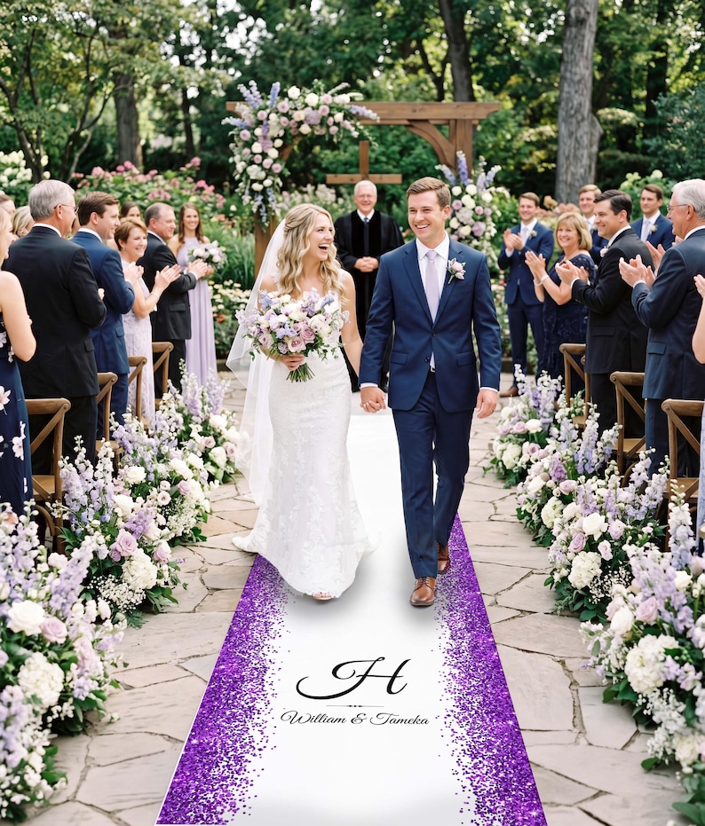 Purple-themed wedding ceremony supplies - custom purple glitter wedding aisle runner