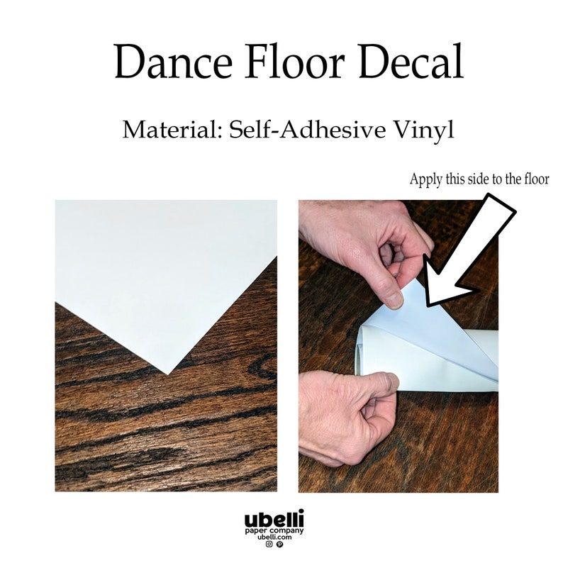 May include: A white self-adhesive vinyl dance floor decal. The decal is shown rolled up with the adhesive side facing out. The text "Apply this side to the floor" is written above the decal.