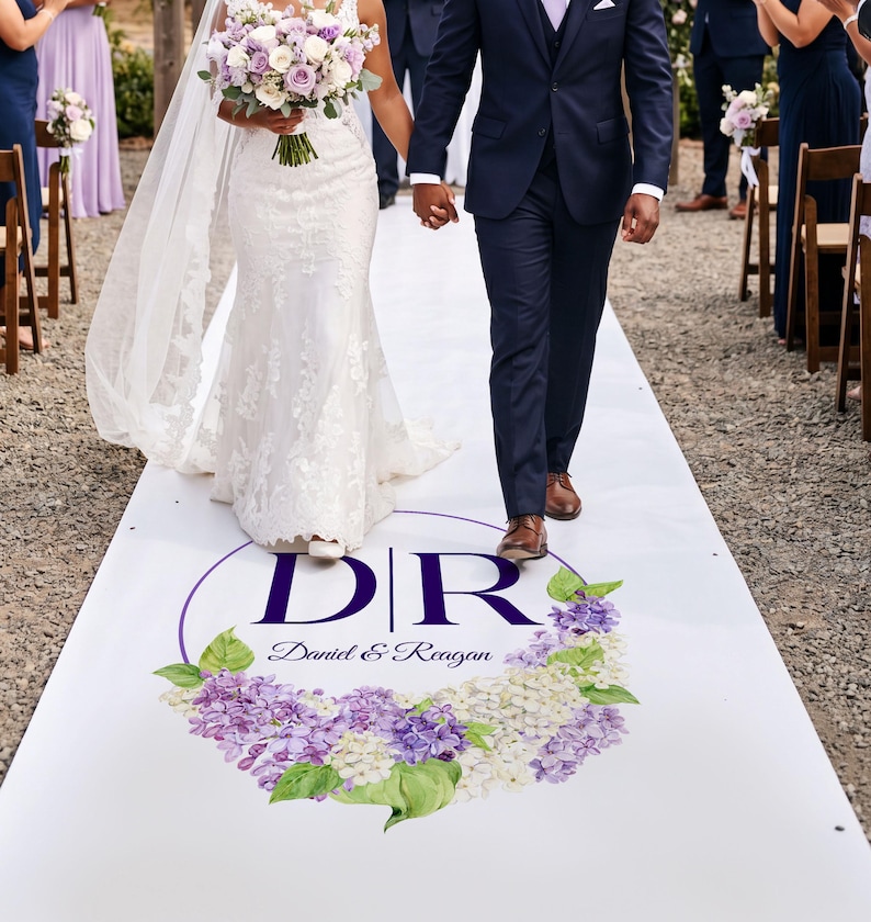 Purple-themed wedding ceremony supplies - purple and lavender monogram aisle runner