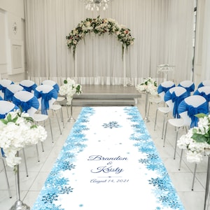 Snowflake Aisle Runner for a Winter Wedding. You choose the monogram and text. December Wedding,  Holiday Wedding,  Blue Snowflake