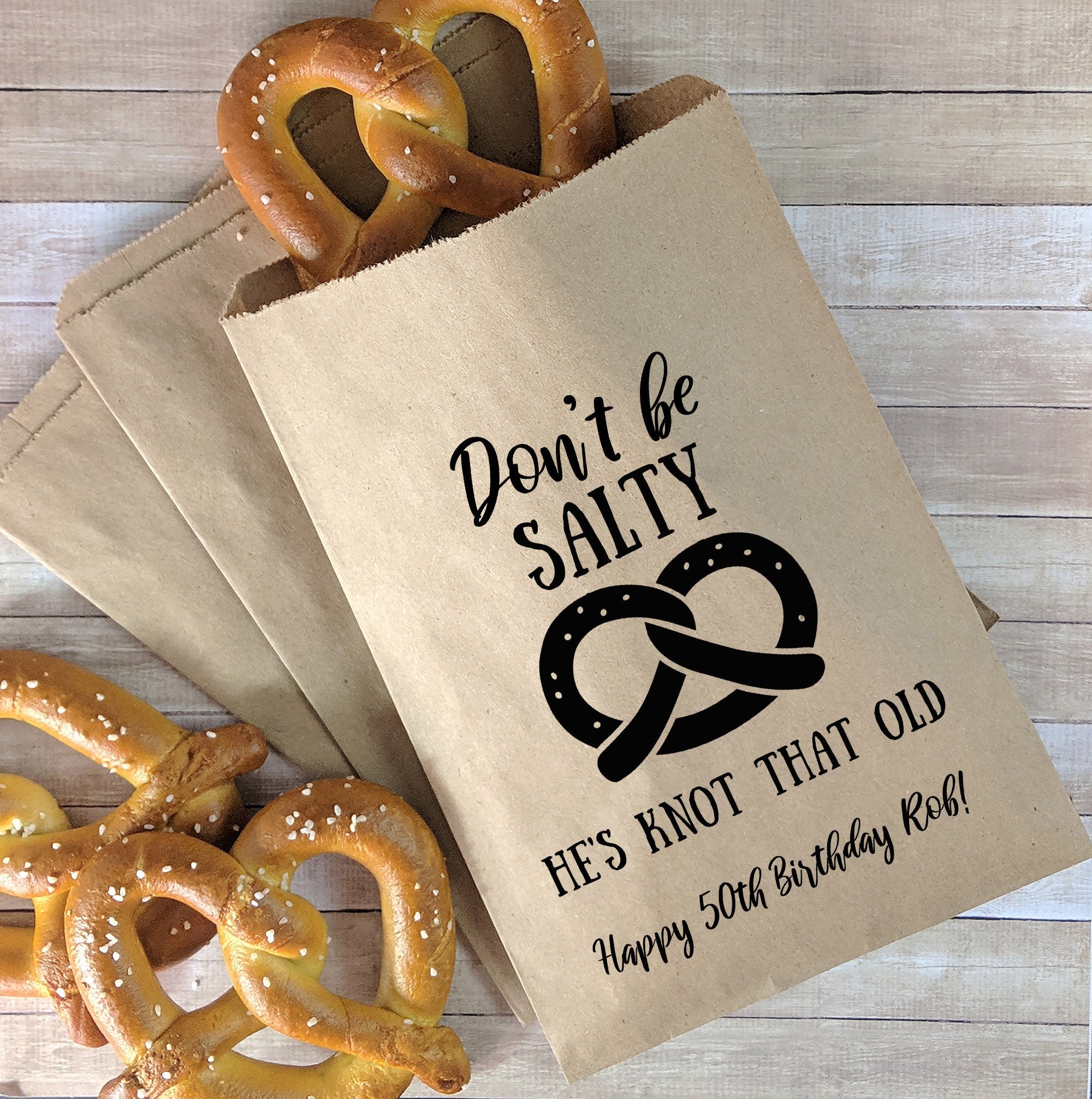 Pretzel Favor Bags, He's Knot That Old, Pretzel Bar Ideas