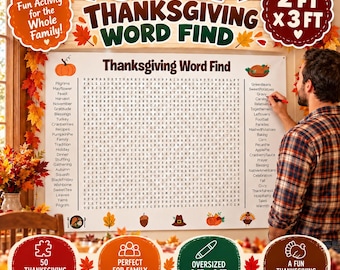 Op de afbeelding: Een grote witte Thanksgiving-woordzoekerposter van 61 cm bij 91 cm, met een raster van letters omringd door lijsten met vakantie-gerelateerde woorden, versierd met illustraties van pompoenen, een kalkoen en herfstbladeren.