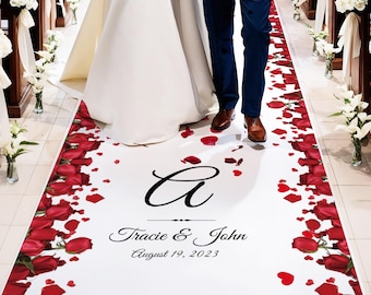 Tapis d'allée de mariage personnalisé en roses rouges : monogramme personnalisé et roses rouges