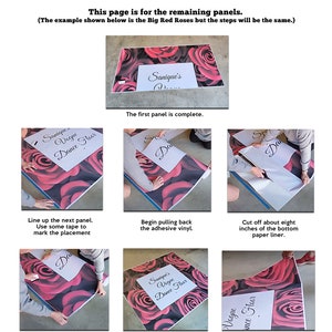 May include: Instructions for installing a large dance floor decal with a red rose pattern. The instructions show how to line up the panels, remove the backing, and use a squeegee to smooth out the decal. The text on the decal says "Sanique's Vogue Dance Floor".