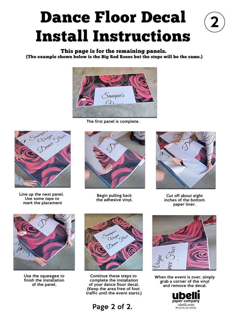 May include: Instructions for installing a large dance floor decal with a red rose pattern. The instructions show how to line up the panels, remove the backing, and use a squeegee to smooth out the decal. The text on the decal says "Sanique's Vogue Dance Floor".