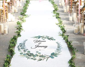 Custom Monogram Wedding Aisle Runner: Olive Leaf Decor, Elegant Ceremony