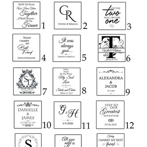 May include: A grid of 15 different monogram designs for wedding invitations, each with a unique design and text. The designs include initials, hearts, and floral elements. The text includes names, dates, and quotes about love and marriage.