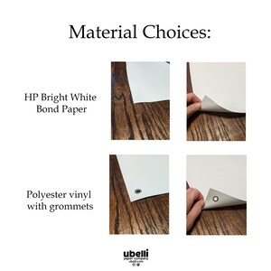 Pode incluir: Duas imagens mostrando diferentes op&ccedil;&otilde;es de material para impress&otilde;es. A primeira imagem mostra uma folha branca de papel HP Bright White Bond. A segunda imagem mostra uma folha de vinil de poli&eacute;ster branco com ilh&oacute;s.