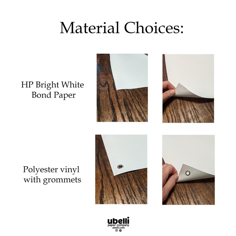Pode incluir: Duas imagens mostrando diferentes op&ccedil;&otilde;es de material para impress&otilde;es. A primeira imagem mostra uma folha branca de papel HP Bright White Bond. A segunda imagem mostra uma folha de vinil de poli&eacute;ster branco com ilh&oacute;s.