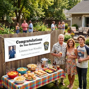 以下が含まれることがあります： Congratulations On Your Retirement!! Lorenzo Ivan Woodley Thank you for your serviceという文字、警察官の写真、ボストン警察のエンブレムが印刷された、木製のフェンスに掲示された白い長方形の退職祝い用バナー。