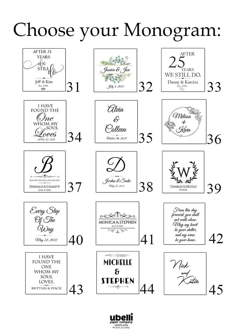 May include: A white background with 45 different square images of wedding monograms. Each square has a different design with a couple's names and wedding date. The designs include initials, floral wreaths, and calligraphy.