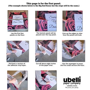 May include: Instructions for installing a dance floor decal with a red rose design. The instructions show how to lay the panels, peel back the adhesive vinyl layer, and use a squeegee to press the panels to the floor.