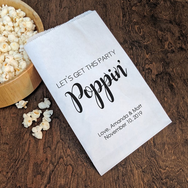 Popcorn Bags, Popcorn Bar Wedding, Kraft Wedding Bags, Popcorn Bar, Lets get this party poppin, Popcorn buffet, Dessert table,