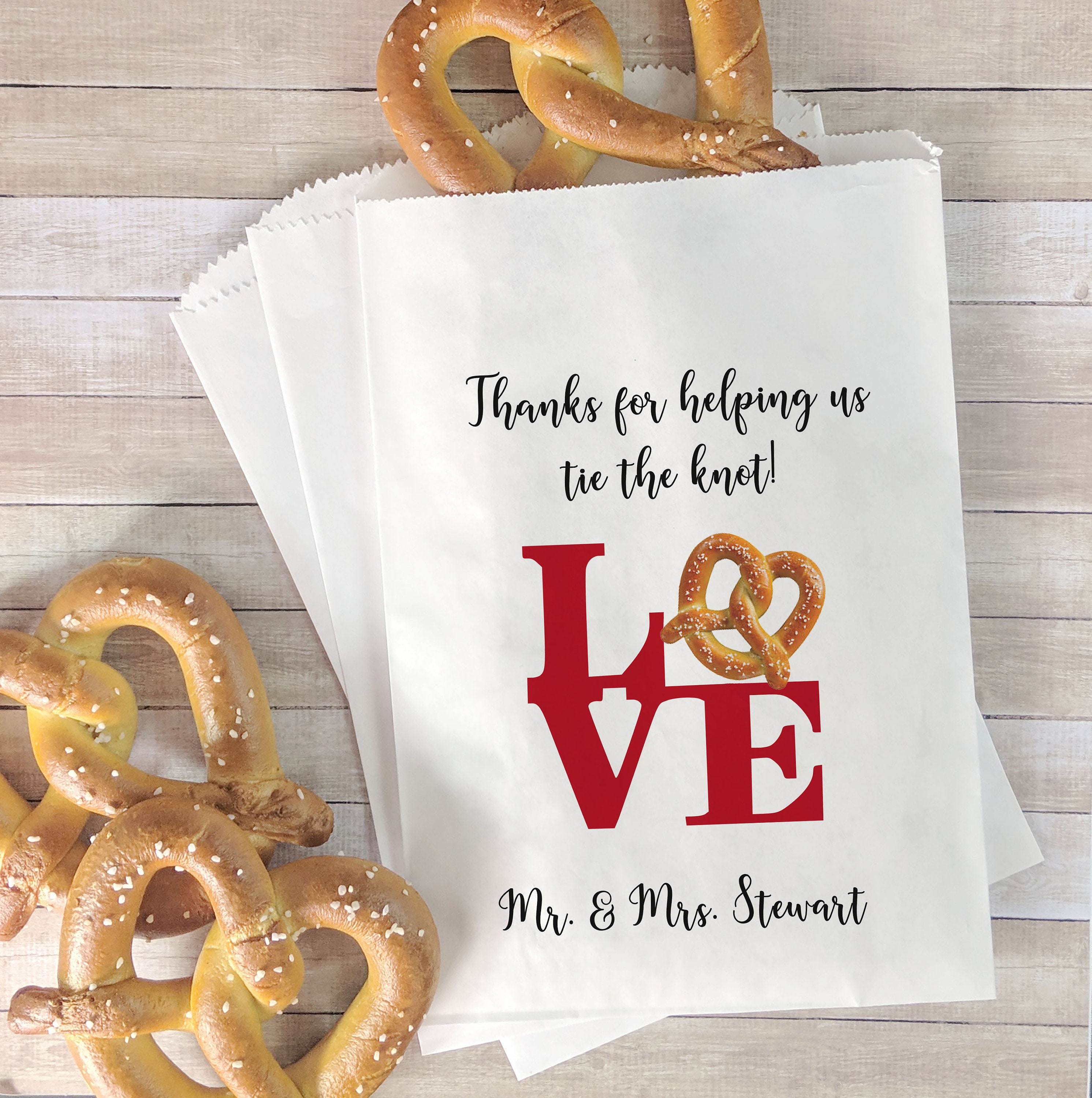 Love Sign Wedding Favor Bags, Tie the Knot Bags, Pretzel Bar, Love Sculpture, Philly Soft