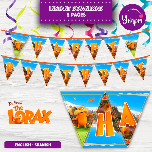 The Lorax Birthday pennants. Instant download. Printable pennants. Decoration The Lorax, Dr. Seuss