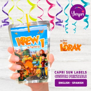 Die Lorax benutzerdefinierten druckbaren Capri-Sonnensaft-Etiketten. Die Lorax-Partydekoration. Druckbare digitale Datei