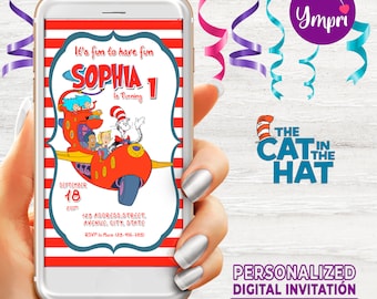 Cat in the hat birthday digital invitation, perfect to send by Wathsaap, The Cat in the hat, Dr Seuss, 1080 x 1920
