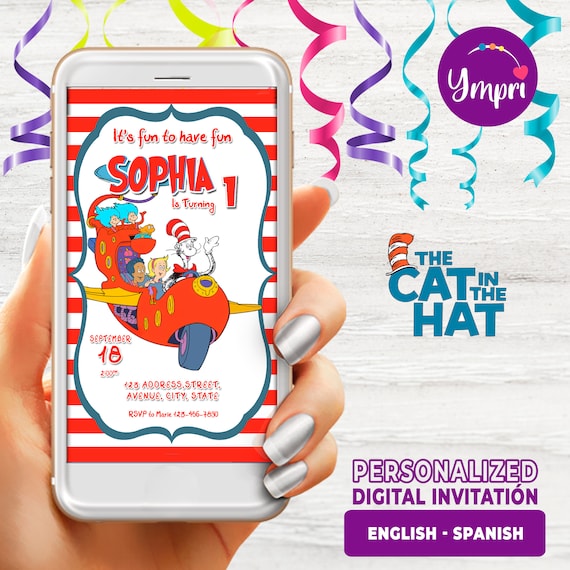 Cat in the Hat Birthday Digital Invitation, Perfect to Send by
